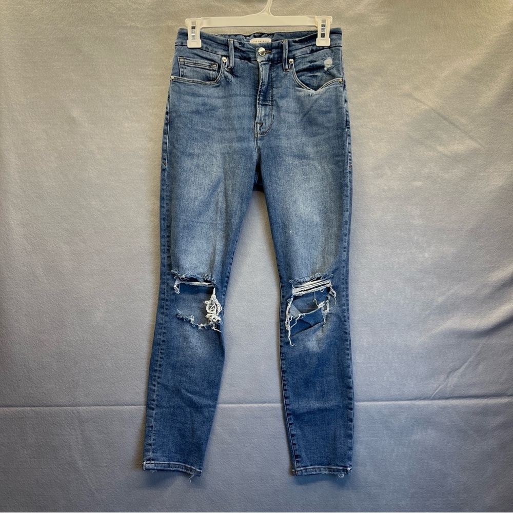 Good American Skinny Jeans 4/27, Distressed, Light Wash, Stretchy, 26” Inseam